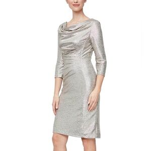 Alex Evenings Gold Ruched Shimmering Quarter Sleeve Cocktail  Sheath Dress Sz 10